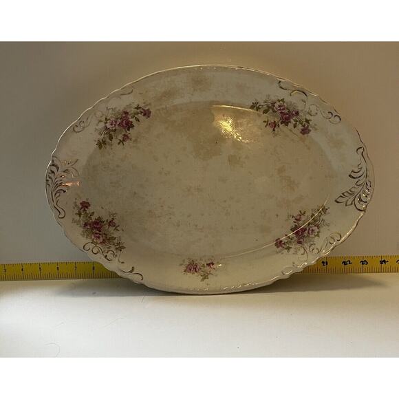 Vintage Platter "Naomi" Floral Scalloped Edge 17” Serving Dish Plate Pink Roses - Picture 1 of 15